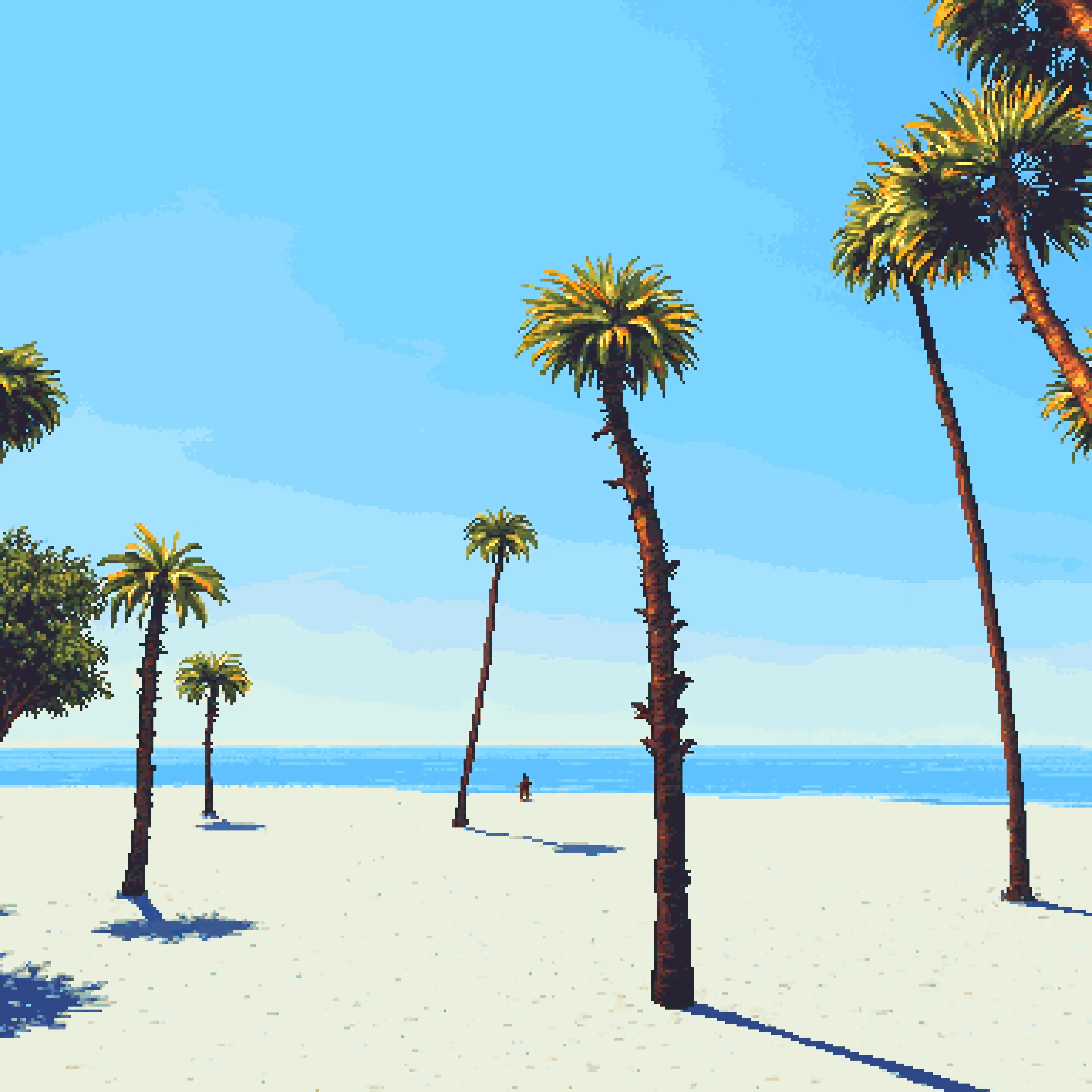 Pixel-art illustration of a sunny Tampa beach — palm trees, white sand, and clear blue water.
