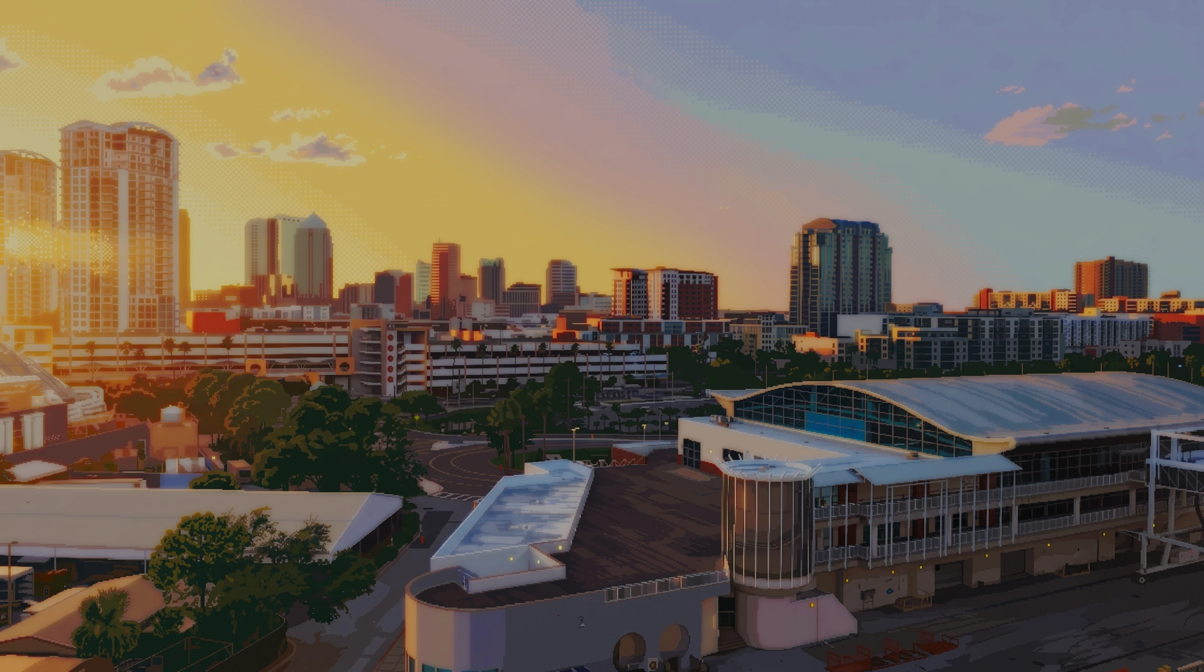 Pixel-art illustration of the Tampa skyline at sunset — a warm peach, orange and pink sky over muted lavender clouds and teal-domed buildings.